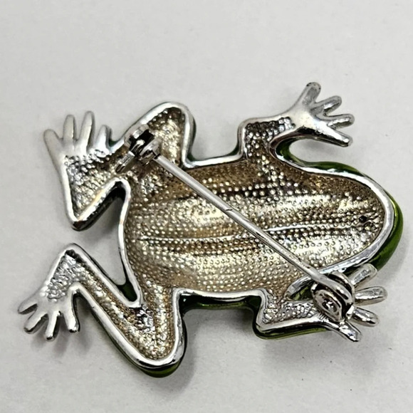 Frog Pin Brooch Green Sparkle Enamal Rhinestone Accents Sz 1.5 inches - Picture 3 of 4
